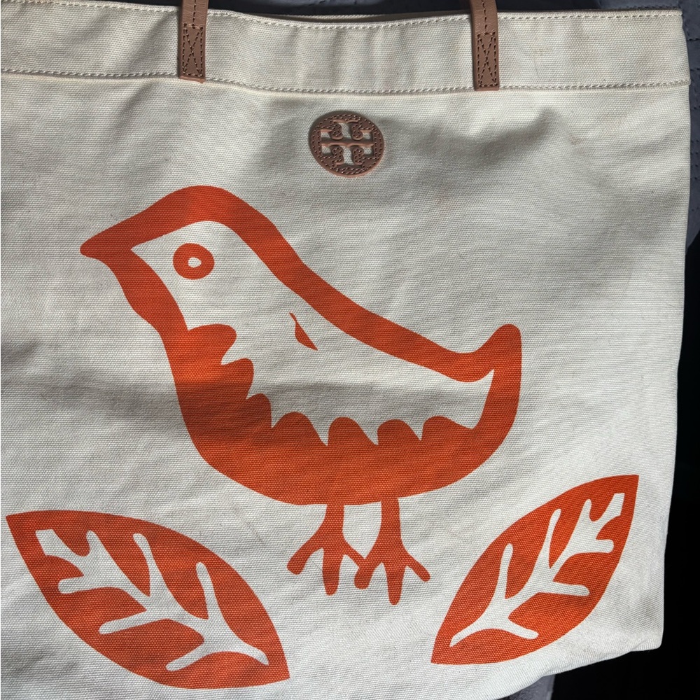 Tory Burch Canvas Tote with Orange Bird Design